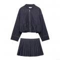 Women's Denim Style Bomber Jacket And Pleated Mini Skirt Set Dark Blue Contrast Stitching 2 Piece Outfit Streetwear Casual Long Sleeve Jacket Skirt Set For Women