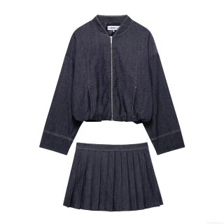 Women's Denim Style Bomber Jacket And Pleated Mini Skirt Set Dark Blue Contrast Stitching 2 Piece Outfit Streetwear Casual Long Sleeve Jacket Skirt Set For Women