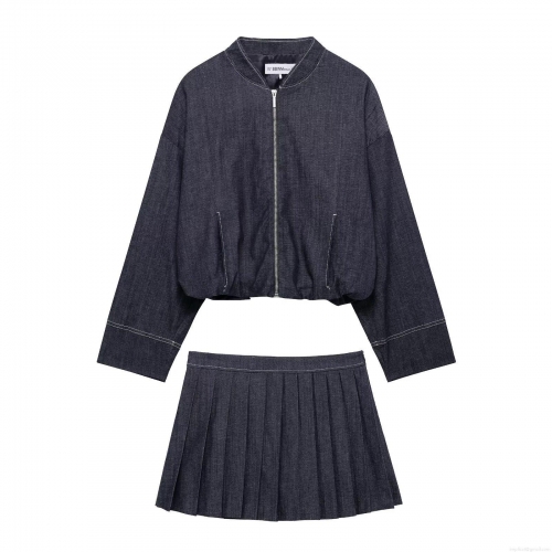 Women's Denim Style Bomber Jacket And Pleated Mini Skirt Set Dark Blue Contrast Stitching 2 Piece Outfit Streetwear Casual Long Sleeve Jacket Skirt Set For Women