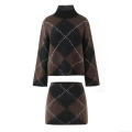 Women's Two Piece Knit Sweater Set High Neck Argyle Pattern Pullover Loose Tops And Bodycon Mini Skirt Suit Brown Black Diamond Pattern Vintage Warm Streetwear Outfits
