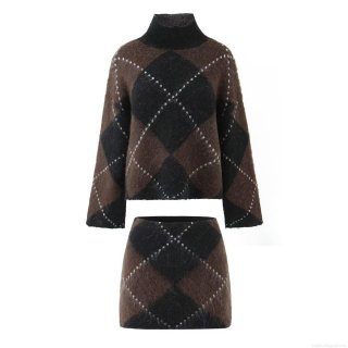 Women's Two Piece Knit Sweater Set High Neck Argyle Pattern Pullover Loose Tops And Bodycon Mini Skirt Suit Brown Black Diamond Pattern Vintage Warm Streetwear Outfits