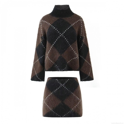 Women's Two Piece Knit Sweater Set High Neck Argyle Pattern Pullover Loose Tops And Bodycon Mini Skirt Suit Brown Black Diamond Pattern Vintage Warm Streetwear Outfits
