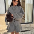 Women's Taupe Grey Knitted Bomber Jacket And Mini A-Line Skirt Two Piece Set Polyester Wool Blend High Neck Bubble Sleeve Autumn Streetwear Casual Outfit