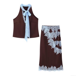 Women's Elegant Satin Halter Neck Top and Lace Patchwork Midi Skirt Two Piece Set Contrast Color Sleeveless Bow Tie Slim Fit Co-ord Outfits