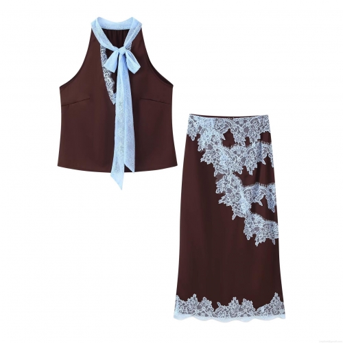 Women's Elegant Satin Halter Neck Top and Lace Patchwork Midi Skirt Two Piece Set Contrast Color Sleeveless Bow Tie Slim Fit Co-ord Outfits