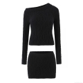 Women Sexy Off Shoulder Cable Knit Sweater and Bodycon Mini Skirt Two Piece Set Solid Color Slim Fit Long Sleeve Knitwear Outfits for Autumn Winter