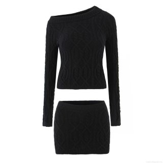 Women Sexy Off Shoulder Cable Knit Sweater and Bodycon Mini Skirt Two Piece Set Solid Color Slim Fit Long Sleeve Knitwear Outfits for Autumn Winter