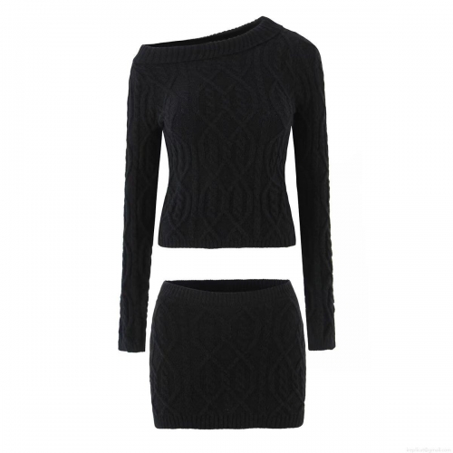 Women Sexy Off Shoulder Cable Knit Sweater and Bodycon Mini Skirt Two Piece Set Solid Color Slim Fit Long Sleeve Knitwear Outfits for Autumn Winter