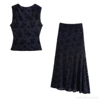 Women Fashion Flocking Floral Mesh Two Piece Set With Sleeveless Cowl Neck Tank Top And High Waist A-Line Long Skirt For Streetwear Party Date Elegant Street Style Outfit