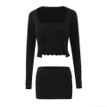 Women's 3-Piece Knit Skirt Set Sexy Hollow Out Tube Top Ribbed V-Neck Button Cardigan High Waist Mini Skirt Casual Streetwear Knitted Outfit