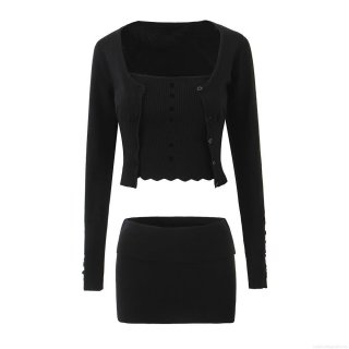 Women's 3-Piece Knit Skirt Set Sexy Hollow Out Tube Top Ribbed V-Neck Button Cardigan High Waist Mini Skirt Casual Streetwear Knitted Outfit