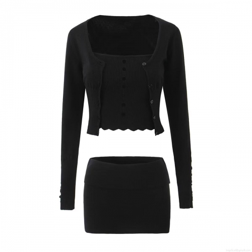 Women's 3-Piece Knit Skirt Set Sexy Hollow Out Tube Top Ribbed V-Neck Button Cardigan High Waist Mini Skirt Casual Streetwear Knitted Outfit