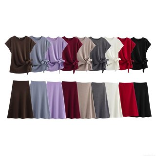 Women's Casual Knit Two-Piece Set Short Sleeve Tie-Side Bow Top and A-Line Midi Skirt Solid Color Slim Fit Streetwear Outfits Soft Ribbed Skirt Sets