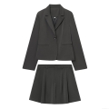 Women's Two Piece Set Short Cropped Blazer Jacket and High Waist Pleated Mini Skirt Solid Color Office Lady Streetwear Suit