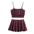 Women Sexy Wine Red Satin Pleated Two-Piece Set Ruched Cami Crop Top and Balloon Skort Shorts Suit for Party Club Summer Elegant Streetwear Outfit
