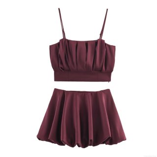 Women Sexy Wine Red Satin Pleated Two-Piece Set Ruched Cami Crop Top and Balloon Skort Shorts Suit for Party Club Summer Elegant Streetwear Outfit
