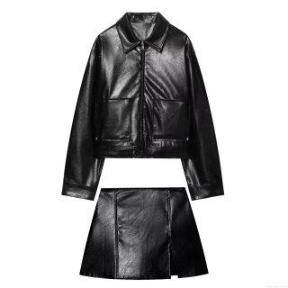 Women's Fashion Faux PU Leather 2 Piece Set Crop Zipper Jacket And High Waist Mini Skirt Solid Color Streetwear Clubwear Outfits