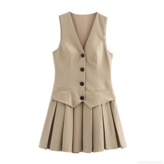 Women's Preppy Style Two Piece Skirt Set V Neck Single Breasted Vest Waistcoat And High Waist Pleated Mini Skirt Elegant Solid Striped Outfits for Office Daily Wear