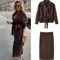 Women's Faux Suede Two Piece Set Double Breasted Lapel Tie Short Jacket And High Waist Midi Skirt Solid Color Streetwear Autumn Outfit For Women