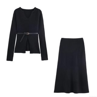 Women's Elegant Knitted Skirt Set V-Neck Long Sleeve Side Slit Sweater Top And A-Line Midi Skirt Two-Piece Knitwear Outfit With Leather Belt For Autumn Winter
