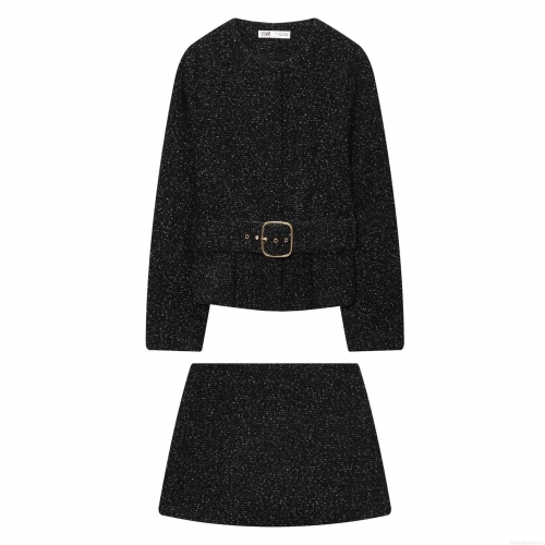 Elegant Women's Tweed Skirt Set Vintage Two Piece Outfits Round Neck Short Jacket With Metal Buckle Belt And Mini Skirt Office Lady Party Suit