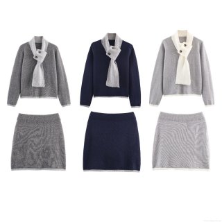Women's Two-Piece Knit Skirt Set Long Sleeve Color Block Top With Scarf Collar And Matching Mini Skirt Casual Streetwear Elegant Fall Winter Outfits