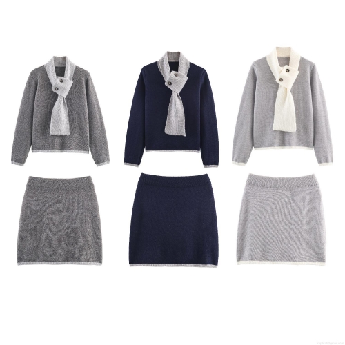 Women's Two-Piece Knit Skirt Set Long Sleeve Color Block Top With Scarf Collar And Matching Mini Skirt Casual Streetwear Elegant Fall Winter Outfits