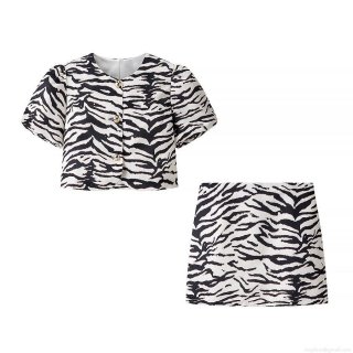 Women's Sexy Zebra Print Two Piece Set Polyester Blend Short Sleeve Bubble Sleeve Top With Golden Buttons A-Line Mini Skirt Streetwear Summer Outfit