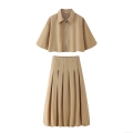 Women's Fashion Two Piece Set Short Sleeve Zipper Jacket Coat And High Waist Pleated Midi Skirt Khaki Coffee Casual Streetwear Outfit For Spring Summer
