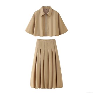 Women's Fashion Two Piece Set Short Sleeve Zipper Jacket Coat And High Waist Pleated Midi Skirt Khaki Coffee Casual Streetwear Outfit For Spring Summer