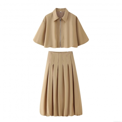 Women's Fashion Two Piece Set Short Sleeve Zipper Jacket Coat And High Waist Pleated Midi Skirt Khaki Coffee Casual Streetwear Outfit For Spring Summer
