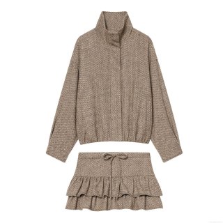 Women's 2 Piece Herringbone Tweed Set Fashion Stand Collar Long Sleeve Jacket and Ruffle Layered Skort Set Streetwear Western Style Ladies Autumn Outfits