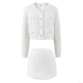 Women Elegant Chanel Style Tweed Two Piece Set Round Neck Long Sleeve Short Jacket and High Waist A-Line Mini Skirt Knit Co-ord Outfit For Office Party