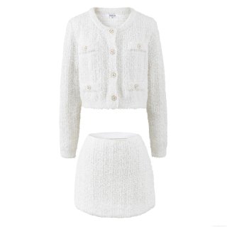 Women Elegant Chanel Style Tweed Two Piece Set Round Neck Long Sleeve Short Jacket and High Waist A-Line Mini Skirt Knit Co-ord Outfit For Office Party