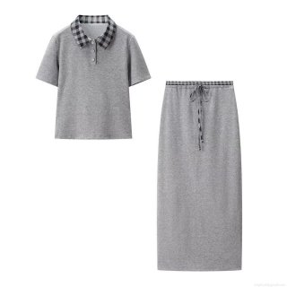 Women's Two Piece Skirt Set Plaid Stitching Polo Collar Short Sleeve Top And Long Straight Skirt Casual Knitted Streetwear Outfit For Ladies