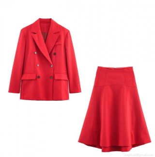 Women's Two Piece Suit Red Double Breasted Blazer Jacket And Midi A-Line Skirt Set Solid Polyester Outfits For Professional Office Streetwear Women