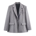 Women Elegant Herringbone Blazer And Skirt Set Padded Shoulder Long Sleeve Jacket High Waist Pleated A-Line Maxi Skirt With Belt Office Lady 2 Piece Co-ord Set Grey