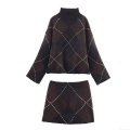 Women Vintage Argyle Knitted Two Piece Set High Neck Long Sleeve Oversized Sweater And Mini Skirt Argyle Plaid Autumn Winter Casual Outfits