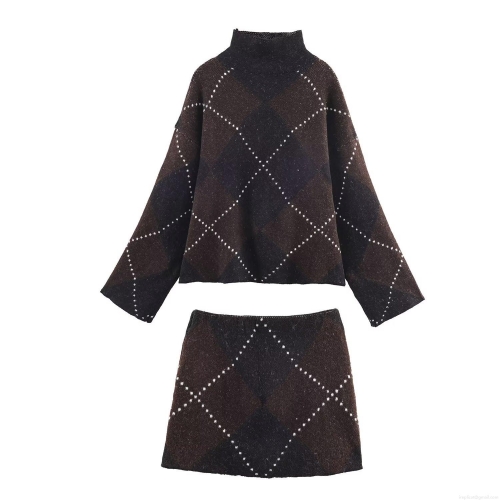 Women Vintage Argyle Knitted Two Piece Set High Neck Long Sleeve Oversized Sweater And Mini Skirt Argyle Plaid Autumn Winter Casual Outfits