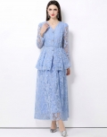 Women Elegant Two Piece Lace Dress Set Light Blue Floral Embroidery V-Neck Peplum Top and Maxi Skirt French Vintage Style Single Breasted Ruffle Long Sleeve Outfit For Party Wedding Casual