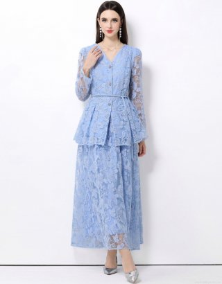 Women Elegant Two Piece Lace Dress Set Light Blue Floral Embroidery V-Neck Peplum Top and Maxi Skirt French Vintage Style Single Breasted Ruffle Long Sleeve Outfit For Party Wedding Casual