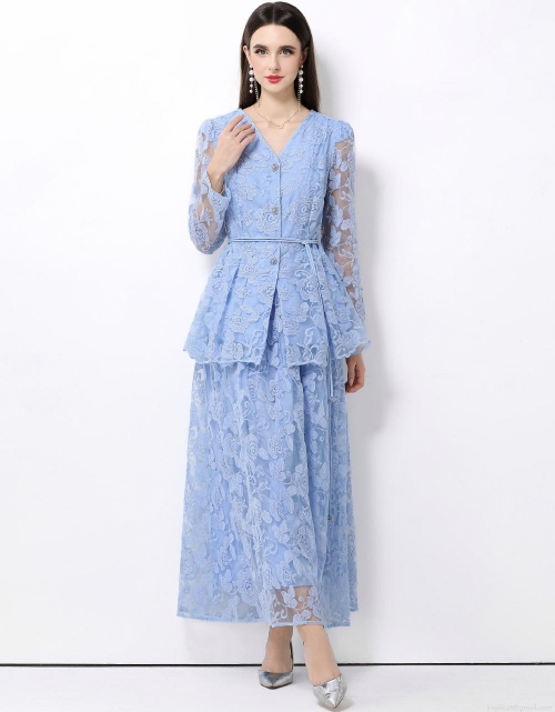 Women Elegant Two Piece Lace Dress Set Light Blue Floral Embroidery V-Neck Peplum Top and Maxi Skirt French Vintage Style Single Breasted Ruffle Long Sleeve Outfit For Party Wedding Casual