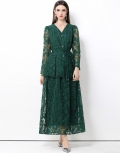 Elegant French Style Dark Green Lace Embroidery Two-Piece Set Women V-Neck Lantern Sleeve Button Top And High Waist A-Line Long Skirt Set Party Evening Outfits