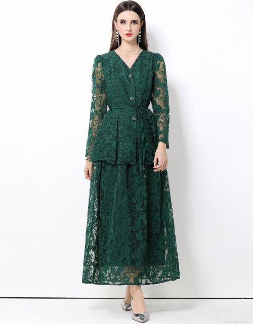 Elegant French Style Dark Green Lace Embroidery Two-Piece Set Women V-Neck Lantern Sleeve Button Top And High Waist A-Line Long Skirt Set Party Evening Outfits