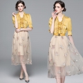 Women French Style Two-Piece Skirt Set Elegant Yellow Satin Ruffle Top With Butterfly Embroidered Mesh Midi Skirt And Belt For Party Wedding