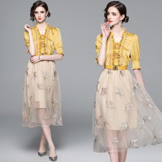 Women French Style Two-Piece Skirt Set Elegant Yellow Satin Ruffle Top With Butterfly Embroidered Mesh Midi Skirt And Belt For Party Wedding
