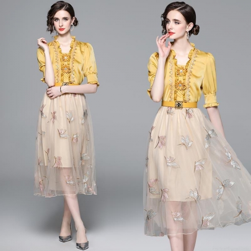 Women French Style Two-Piece Skirt Set Elegant Yellow Satin Ruffle Top With Butterfly Embroidered Mesh Midi Skirt And Belt For Party Wedding