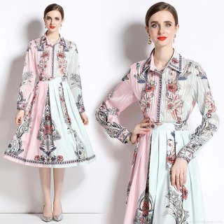 Women's Elegant Two-Piece Set Printed Long Sleeve Button Up Shirt And High Waist Pleated Midi Skirt Casual Commuting Vintage Floral Pattern Clothing Suit