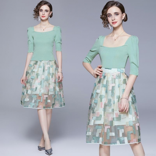 Elegant Women 2-Piece Skirt Set Knit Square Neck Short Sleeve Top and Geometric Embroidered Mesh Organza A-Line Midi Skirt Summer Chic Outfit