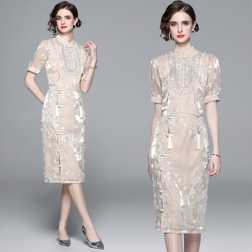 Elegant New Chinese Style Women Skirt Set Jacquard Flower Embroidery Sequin Top High Waist Split Midi Skirt Two Piece Set For Wedding Party Champagne Apricot